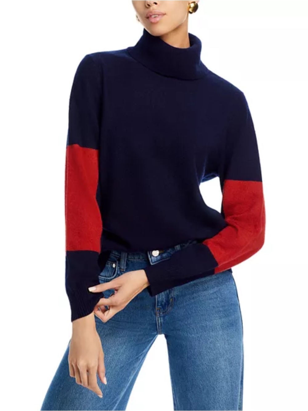 C by Bloomingdale’s Cashmere Navy Turtleneck Sweater with Red Sleeve Panels